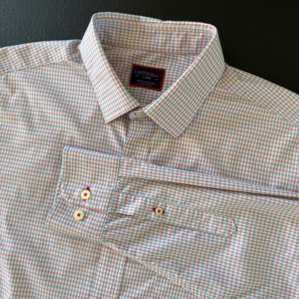 UNTUCKit Russell Shirt Mens Large Regular Fit Blue Red Check Performance Stretch